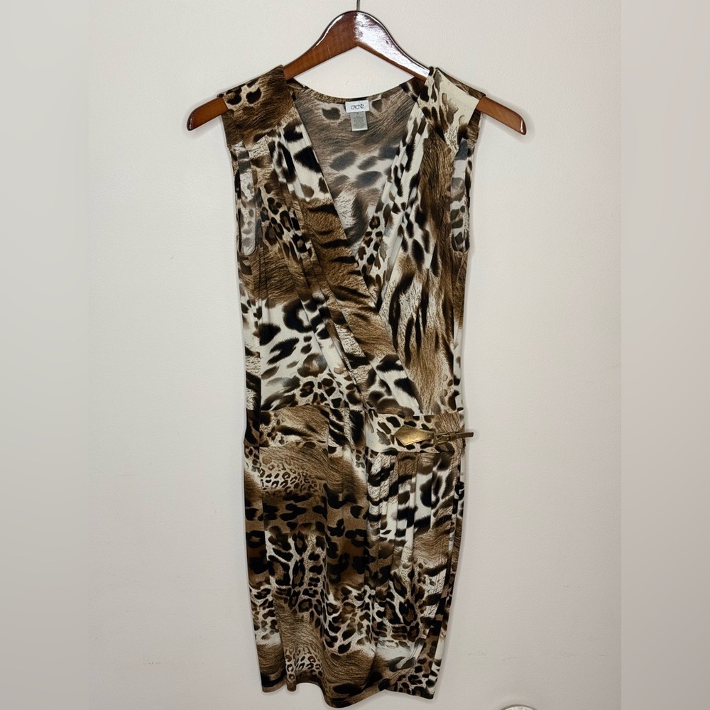 Cache - Faux Wrap Dress w “Leather” Detailing - Animal Print - size Medium